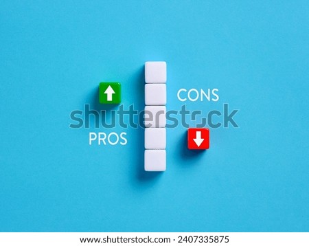 Pros and cons. Decision making and problem analysis. Risk planning. Advantages and disadvantages. Evaluating possible profit and losses. Opposite arrows with the words pros and cons.