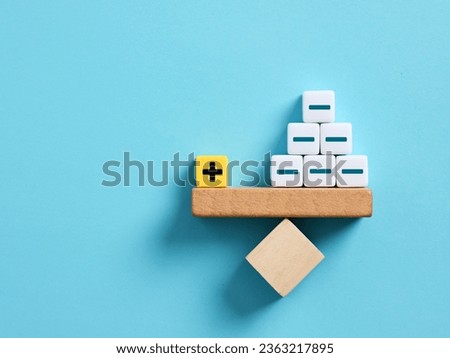 Pros and cons on scales. One positive outweighs many negatives. Advantages and disadvantages. Evaluating profit and losses. Plus and minus symbols on balance on a scale seesaw.