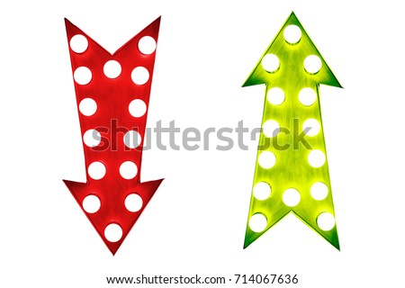 Pros and cons: red down and green up vintage retro arrows illuminated with light bulbs.  Concept image for advantages and disadvantages. Cut out isolated on white background.