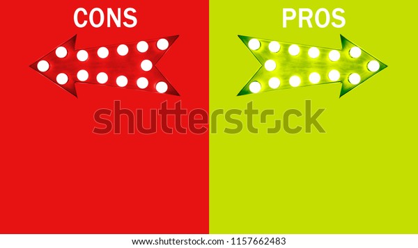 Pros and cons: red left and green right\
vintage retro arrows illuminated with light bulbs. Concept image\
for advantages and disadvantages, risk and opportunity. Isolated\
red green divided\
background.