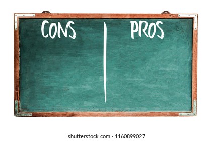 Pros And Cons Text Words In White Written On Wide Green Old Grungy Vintage Wooden Chalkboard Retro Blackboard With Frame Isolated On White Background. Concept Risk Benefit Assessment Analysis.