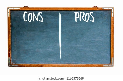 Pros And Cons Text Words In White Written On Wide Blue Old Grungy Vintage Wooden Chalkboard Retro Blank Blackboard With Frame Isolated On White Background. Concept Risk Benefit Assessment Analysis.