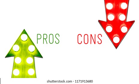 Pros Versus Cons Red And Green Right Left Up Down Vintage Retro Arrows Illuminated Light Bulbs. Concept For Advantages And Disadvantages, Risk And Opportunity.  Isolated On White Background With Text.