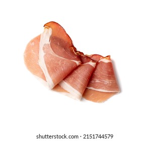 Prosciutto isolated. Spanish jamon slices, parma ham, sliced serrano, iberico, spanish ham, cured meat snack on white background top view