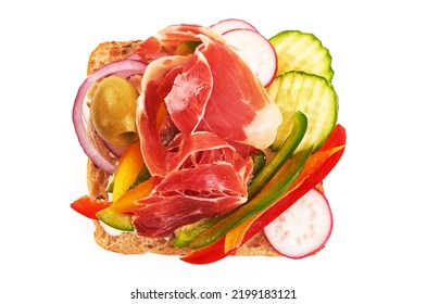 Prosciutto Sandwich, Close-up, Isolated On White Background