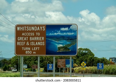 Proserpine, Queensland, Australia - November 2021: Outdoor Billboard Advertising Directions To Whitsundays