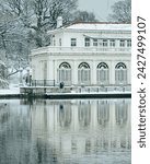 Prospect Park Boathouse on a snowy winter day in Brooklyn, New York