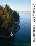 Prospect Point Lighthouse Vancouver. An aerial view of Prospect Point Lighthouse along the Stanley Park seawall in Vancouver, British Columbia, Canada.
 
                               