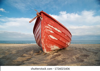 Prospect Of A Red Fishing Boat, On A Golden Beach Of Calabria  