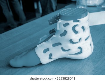 Prosthesis printed on a 3D printer from molten plastic on a plastic foot. Prototype of medical prosthesis for foot created on 3D printer. Medical orthosis, fixator, splint corset langet from plastic