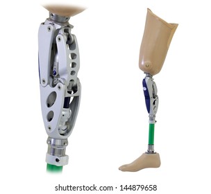 Prosthetic Leg And Knee Mechanism Isolated On White