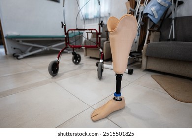 A prosthetic leg placed on a tiled floor next to a walker in a rehabilitation center, symbolizing strength and mobility for individuals overcoming physical challenges. - Powered by Shutterstock