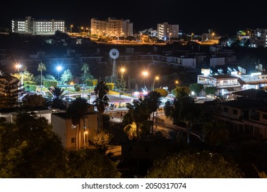 Protaras, Cyprus - Oct 12. 2019. Panorama Of The City At Night From Above. Luna Park And Mini Golf