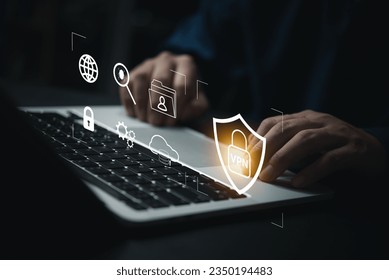 Protect data information is safe and online privacy and security with a VPN Virtual Private Network. Cyber security and privacy connection technology