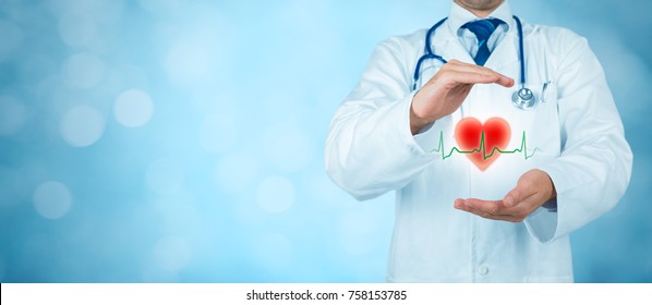 Protect Health (health-care) And Heart Problems Prevention (cardiology) Concept. Cardiologist Or General Practitioner Doctor With Protective Gesture And Symbol Of Heart And ECG Heartbeat.