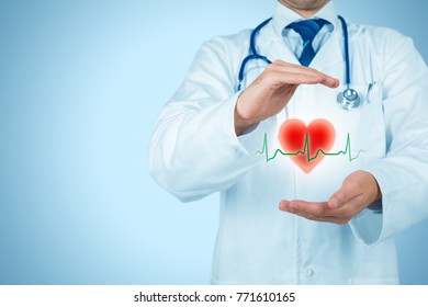 Protect Health (healthcare) And Heart Problems Prevention (cardiology) Concept. Cardiologist Or General Practitioner With Protective Gesture And Symbol Of Heart And ECG Heartbeat. Medical Insurance.