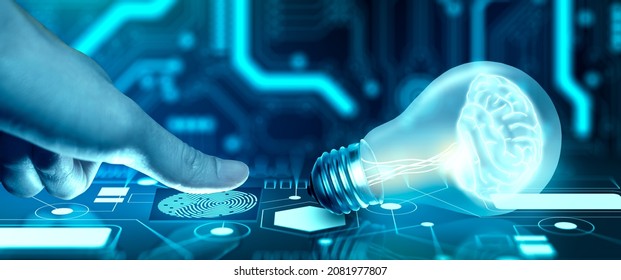 Protect Intellectual Property With Biometric Security. Converging Point Of Light Bulb With Glowing Human Brain Inside. Intellectual Property Protection Or Patent Idea Protection Concept. 3D Rendering.