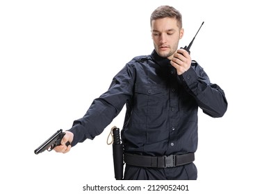 Protect The Law And Population. Portrait Of Young Male Policeman Officer Wearing Black Uniform Posing With Gun Isolated On White Background. Concept Of Job, Caree, Safety. Security Service.