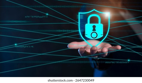 Protecting data with cybersecurity measures and a shield symbol in a digital environment