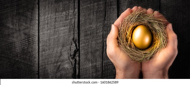 Protecting Hands Holding Golden Nest Egg On Wooden Table - Investment Protection Concept
