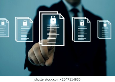 Protecting herself from cyber attacks. Documents confidentiality,cyber security protection concept. Software for security, searching and managing corporate document and employee information.