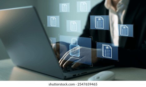 Protecting herself from cyber attacks. Documents confidentiality,cyber security protection concept. Software for security, searching and managing corporate document and employee information.	