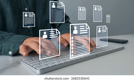Protecting herself from cyber attacks. Documents confidentiality,cyber security protection concept. Software for security, searching and managing corporate document and employee information.