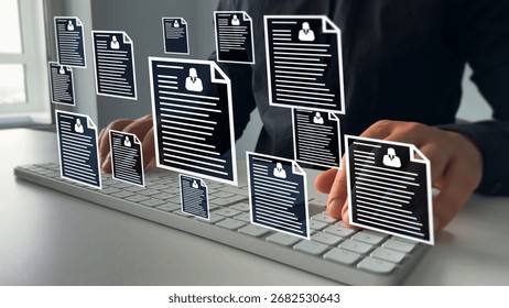 Protecting herself from cyber attacks. Documents confidentiality,cyber security protection concept. Software for security, searching and managing corporate document and employee information.