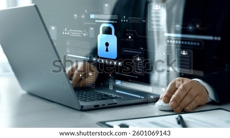 Protecting herself from cyber attacks. Documents confidentiality,cyber security protection concept. Software for security, searching and managing corporate document and employee information.