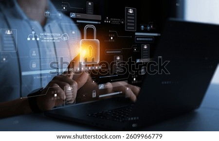 Protecting herself from cyber attacks. Documents confidentiality,cyber security protection concept. Software for security, searching and managing corporate document and employee information.