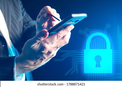 Protecting Information When Using A Mobile Phone. Personal Data Protection. Law On Personal Data Protection. Hands Of A Man With A Smartphone Next To The Image Of The Lock.