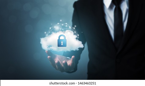 Protection Cloud Computing Network Security Computer And Safe Your Data Concept. Businessman Holding Shield Protect Icon