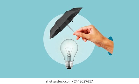 Protection of copyright and patents. Collage with light bulb idea under the insurance umbrella. Business insurance. Intellectual property rights