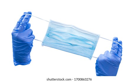 Protection Face Mask And Blue Nitrile Surgical Gloves Isolated On White Background. 