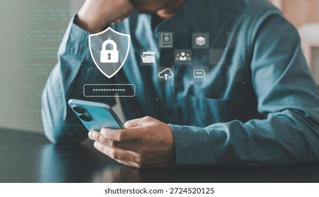 Protection, mobile cybersecurity, encrypted data access on cloud, secure login. Using smartphone with digital security interface, shield and password icons, OTP, personal data. and business contract.