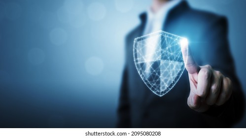 Protection network cyber security computer and safe your data concept, Businessman pointing shield protect icon