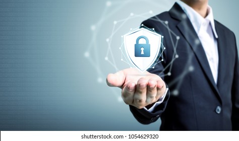Protection Network Security Computer And Safe Your Data Concept, Businessman Holding Shield Protect Icon