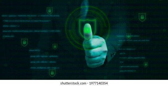 Protection network security computer and safe your data concept, Businessman touching shield protect icon