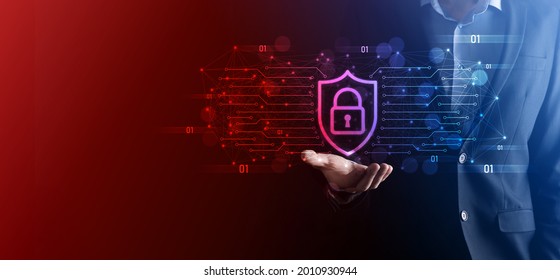 Protection network security computer and safe your data concept, Businessman holding shield protect icon. lock symbol, concept about security, cybersecurity and protection against dangers.