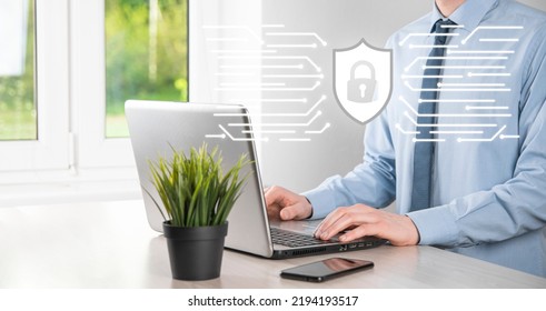 Protection network security computer and safe your data concept, Businessman holding shield protect icon. lock symbol, concept about security, cybersecurity and protection against dangers.