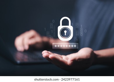 Protection network security and information security system concept. Person use laptop with virtual padlock icon. Information and cyber security technology services. Secure data access.