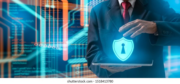 Protection Network Security And Safe Your Data From Ransomware Concept.Cyber Protection Shield Icon On Server.Information Security And Virus Detection For (BEC)Business Email Compromise.