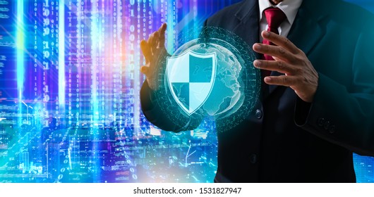 Protection Network Security And Safe Your Data From Ransomware Concept.Cyber Protection Shield Icon On Server.Information Security And Virus Detection For (BEC)Business Email Compromise.