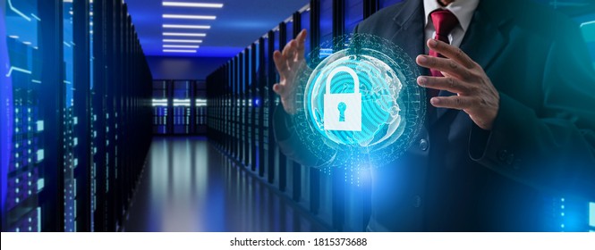 Protection Network Security And Safe Your Data From Ransomware Concept.Cyber Protection Shield Icon On Server.Information Security And Virus Detection For (BEC)Business Email Compromise.