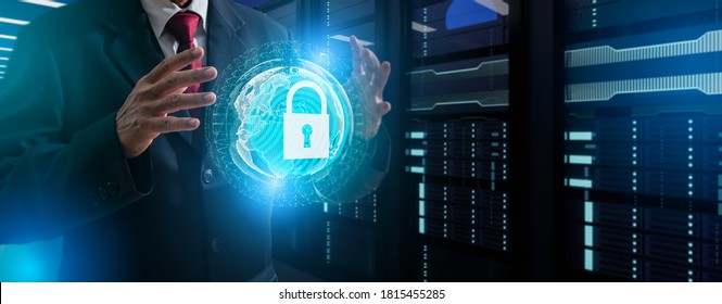 Protection Network Security And Safe Your Data From Ransomware Concept.Cyber Protection Shield Icon On Server.Information Security And Virus Detection For (BEC)Business Email Compromise.