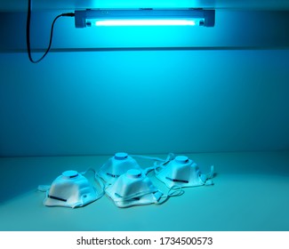 Protection and safety of medical workers.Protective masks N95 are sterilized under ultraviolet light  to disinfect and reuse. UV sterilization of ffp3 respirators. COVID-19 prevention concept.