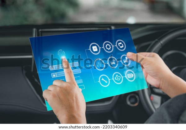 Protection and security of in-vehicle data on\
virtual screens concept, Man scans fingerprints to log in to online\
cars modern technology concept on display with car in side in\
background