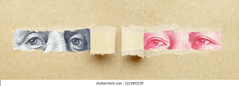 Protectionism, Trade War Or Tariff War, Washington Vs Beijing, Financial Concept : US Dollar And Chinese Yuan With Two Presidents Confront Each Other, Depicts Retaliation On Imports And Exports Tariff