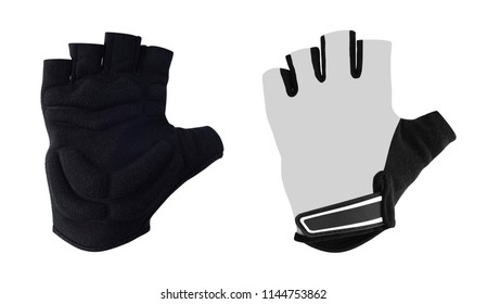 Protective half finger gloves for biking, motorcycling, fitness etc. with foam pads. Front and back view of sport accessories isolated on white background