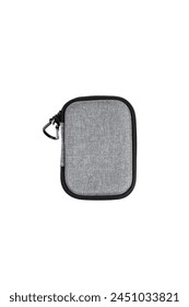 Protective hard case with a zipper and a gray fabric texture. Isolate on a white background.